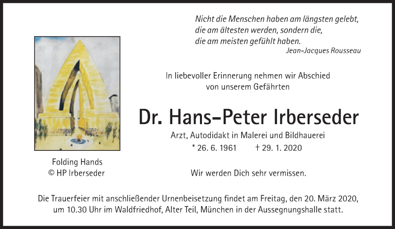  Traueranzeige für Hans-Peter Irberseder vom 14.03.2020 aus Süddeutsche Zeitung