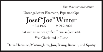 Traueranzeige von Josef Winter von Süddeutsche Zeitung