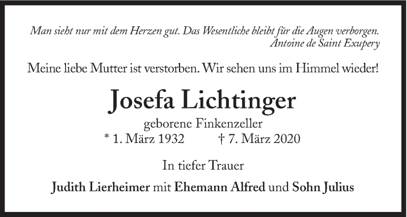  Traueranzeige für Josefa Lichtinger vom 10.03.2020 aus Süddeutsche Zeitung