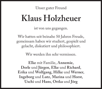 Traueranzeige von Klaus Holzheuer von Süddeutsche Zeitung