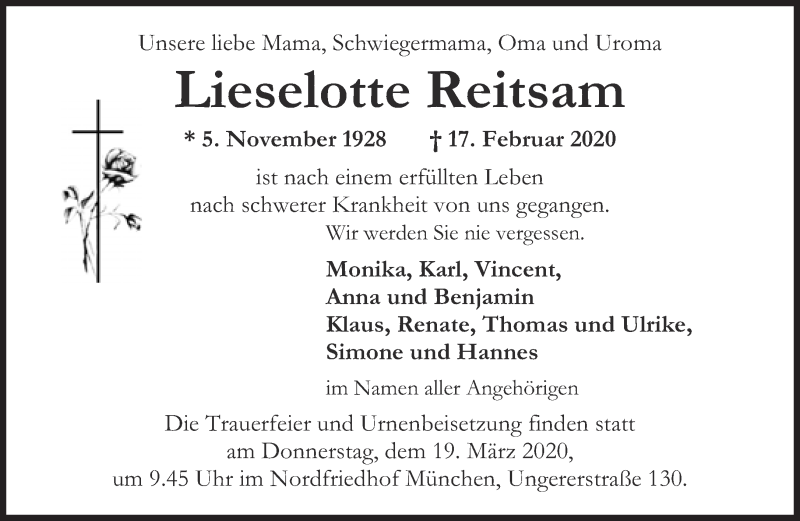  Traueranzeige für Lieselotte Reitsam vom 07.03.2020 aus Süddeutsche Zeitung