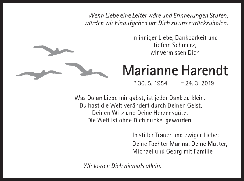  Traueranzeige für Marianne Harendt vom 24.03.2020 aus Süddeutsche Zeitung