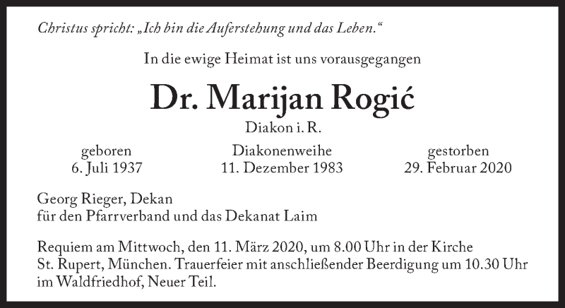  Traueranzeige für Marijan Rogic vom 06.03.2020 aus Süddeutsche Zeitung