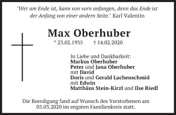 Traueranzeige von Max Oberhuber von Süddeutsche Zeitung