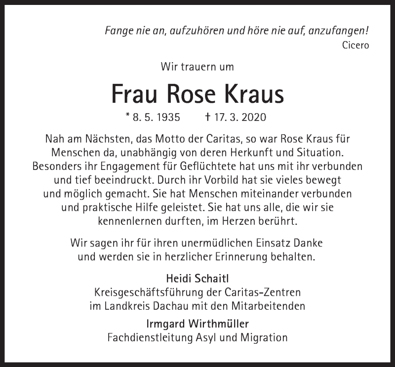  Traueranzeige für Rose Kraus vom 21.03.2020 aus Süddeutsche Zeitung