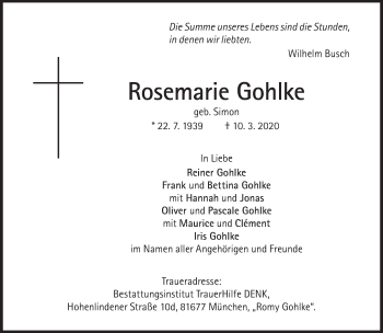 Traueranzeige von Rosemarie Gohlke von Süddeutsche Zeitung