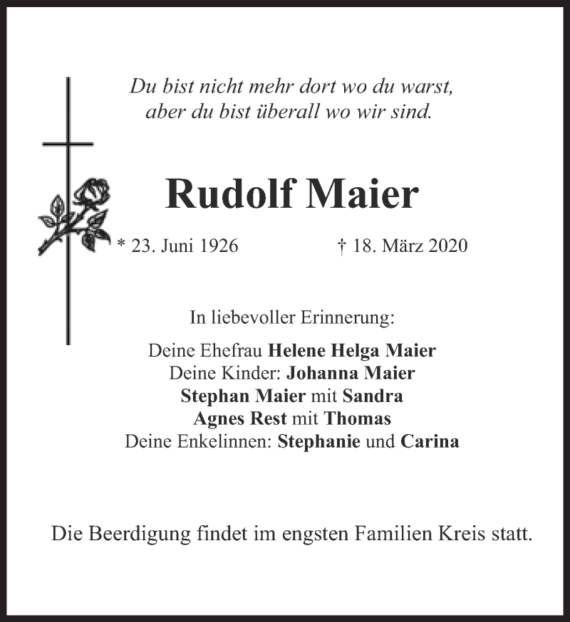  Traueranzeige für Rudolf Maier vom 21.03.2020 aus Süddeutsche Zeitung