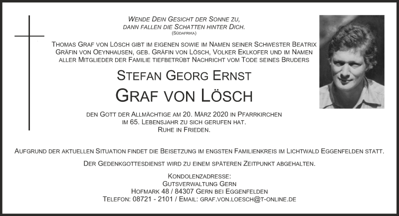  Traueranzeige für Stefan Georg Ernst Graf von Lösch vom 23.03.2020 aus Süddeutsche Zeitung