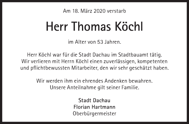  Traueranzeige für Thomas Köchl vom 21.03.2020 aus Süddeutsche Zeitung