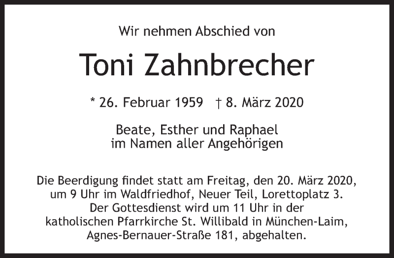  Traueranzeige für Toni Zahnbrecher vom 14.03.2020 aus Süddeutsche Zeitung