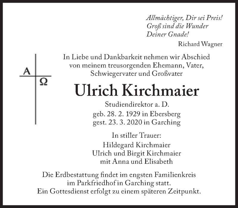  Traueranzeige für Ulrich Kirchmaier vom 28.03.2020 aus Süddeutsche Zeitung