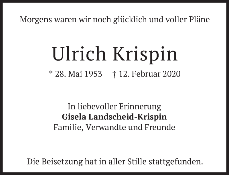  Traueranzeige für Ulrich Krispin vom 26.03.2020 aus Süddeutsche Zeitung