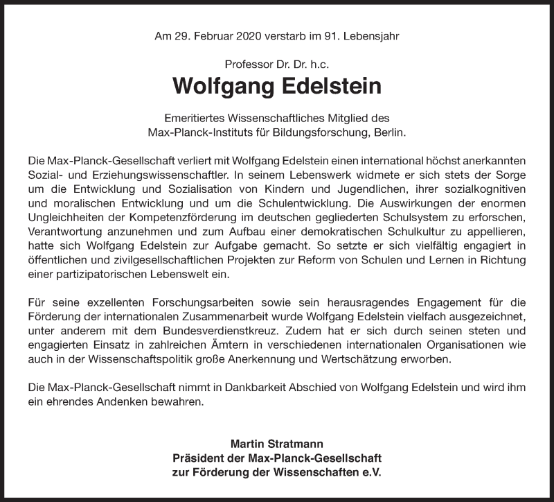  Traueranzeige für Wolfgang Edelstein vom 07.03.2020 aus Süddeutsche Zeitung