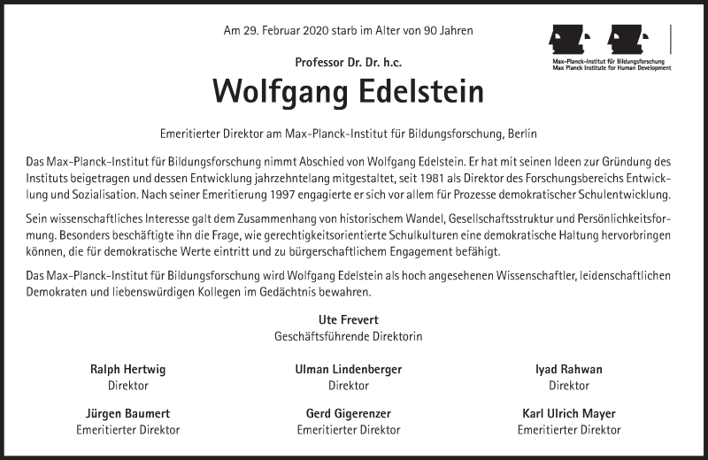  Traueranzeige für Wolfgang Edelstein vom 07.03.2020 aus Süddeutsche Zeitung