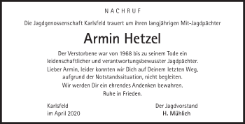 Traueranzeige von Armin Hetzel von Süddeutsche Zeitung