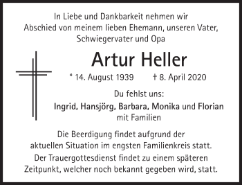 Traueranzeige von Artur Heller von Süddeutsche Zeitung