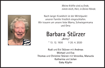 Traueranzeige von Barbara Stürzer von Süddeutsche Zeitung