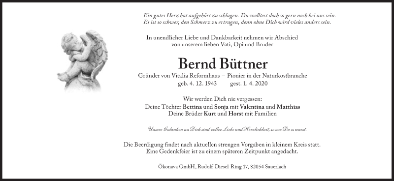  Traueranzeige für Bernd Büttner vom 08.04.2020 aus Süddeutsche Zeitung