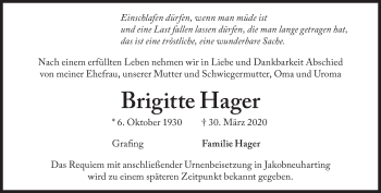 Traueranzeige von Brigitte Hager von Süddeutsche Zeitung