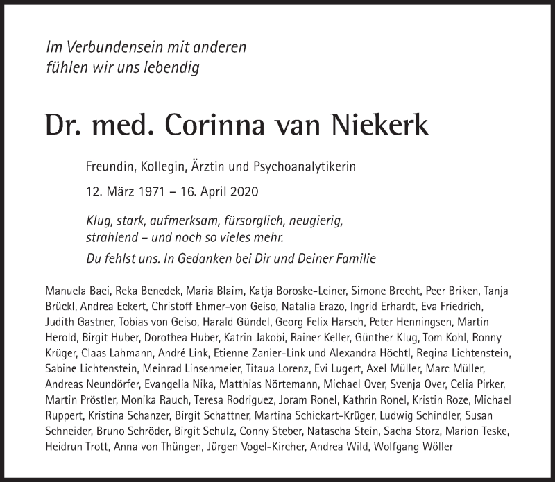  Traueranzeige für Corinna van Niekerk vom 25.04.2020 aus Süddeutsche Zeitung