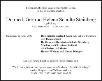 Traueranzeige von Gertrud Helene Schulte Steinberg von Süddeutsche Zeitung