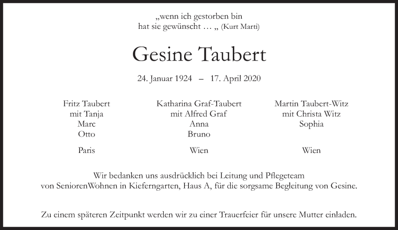  Traueranzeige für Gesine Taubert vom 28.04.2020 aus Süddeutsche Zeitung