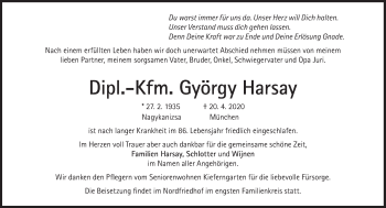 Traueranzeige von György Harsay von Süddeutsche Zeitung