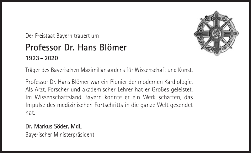  Traueranzeige für Hans Blömer vom 25.04.2020 aus Süddeutsche Zeitung