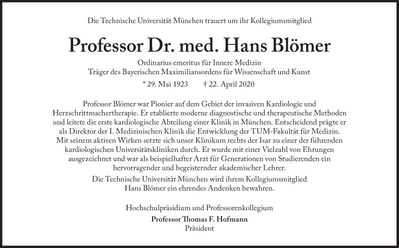  Traueranzeige für Hans Blömer vom 25.04.2020 aus Süddeutsche Zeitung