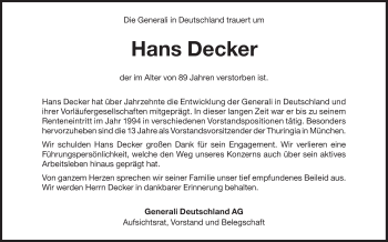 Traueranzeige von Hans Decker von Süddeutsche Zeitung