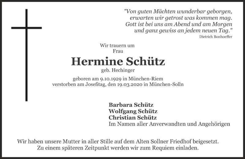  Traueranzeige für Hermine Schütz vom 04.04.2020 aus Süddeutsche Zeitung
