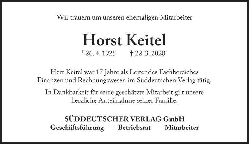  Traueranzeige für Horst Keitel vom 07.04.2020 aus Süddeutsche Zeitung