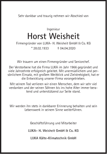 Traueranzeige von Horst Weisheit von Süddeutsche Zeitung