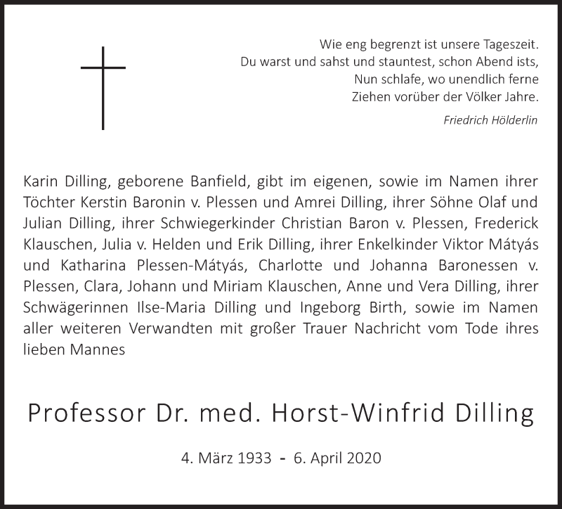  Traueranzeige für Horst-Winfrid Dilling vom 11.04.2020 aus Süddeutsche Zeitung