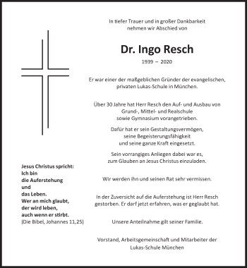 Traueranzeige von Ingo Resch von Süddeutsche Zeitung