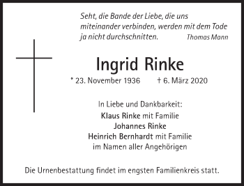 Traueranzeige von Ingrid Rinke von Süddeutsche Zeitung