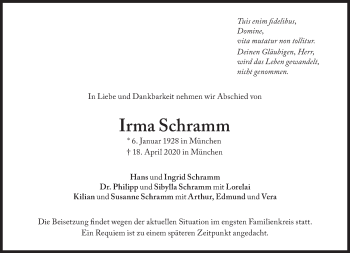 Traueranzeige von Irma Schramm von Süddeutsche Zeitung