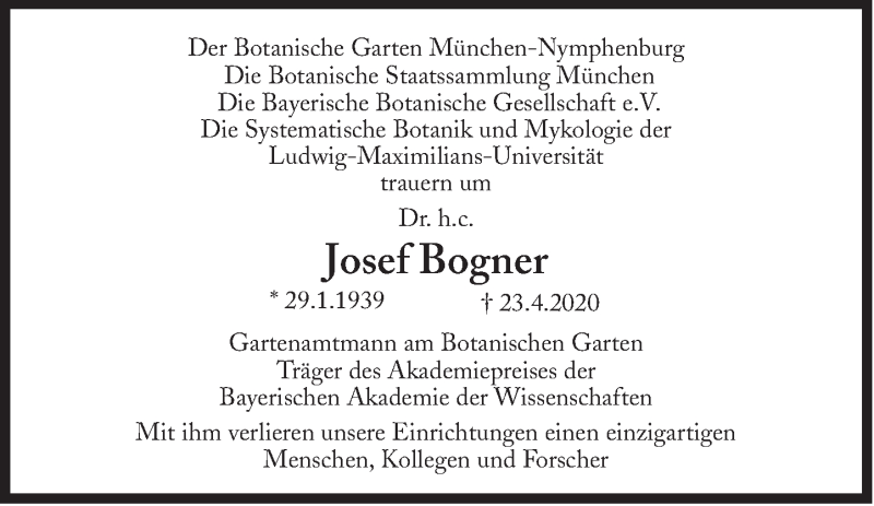  Traueranzeige für Josef Bogner vom 29.04.2020 aus Süddeutsche Zeitung