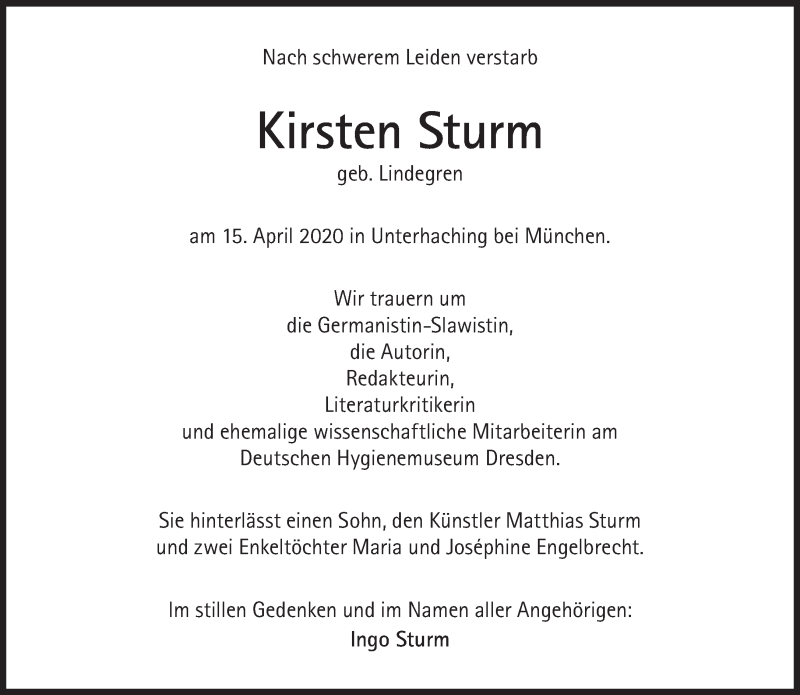  Traueranzeige für Kirsten Sturm vom 18.04.2020 aus Süddeutsche Zeitung