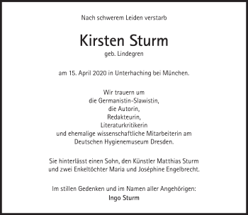 Traueranzeige von Kirsten Sturm von Süddeutsche Zeitung