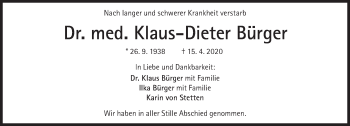 Traueranzeige von Klaus-Dieter Bürger von Süddeutsche Zeitung