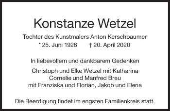 Traueranzeige von Konstanze Wetzel von Süddeutsche Zeitung