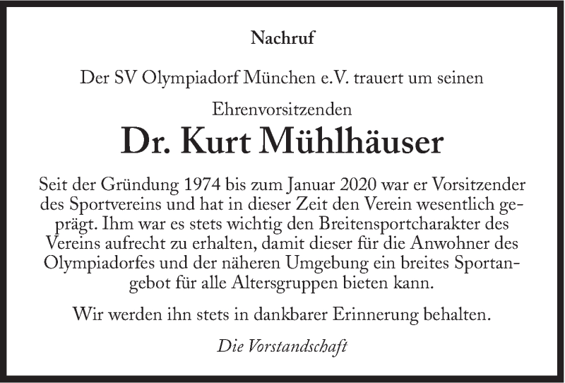  Traueranzeige für Kurt Mühlhäuser vom 25.04.2020 aus Süddeutsche Zeitung