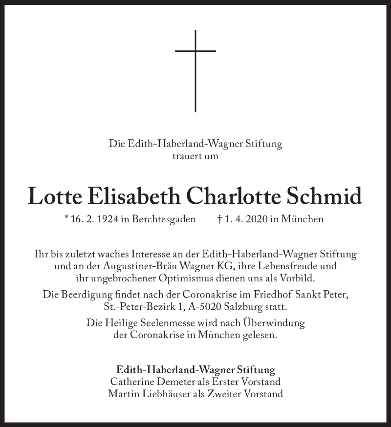  Traueranzeige für Lotte Elisabeth Charlotte Schmid vom 03.04.2020 aus Süddeutsche Zeitung