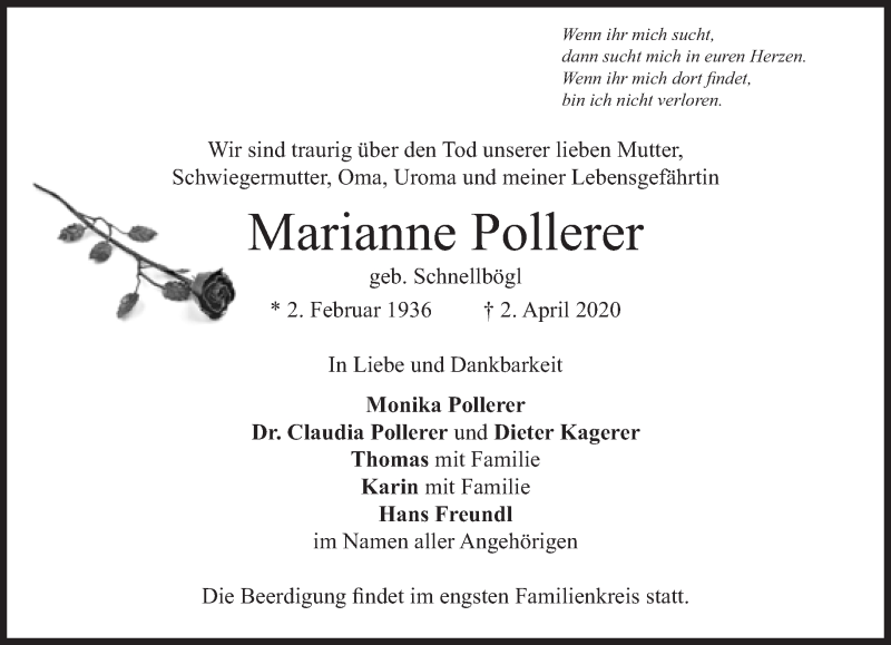  Traueranzeige für Marianne Pollerer vom 06.04.2020 aus Süddeutsche Zeitung