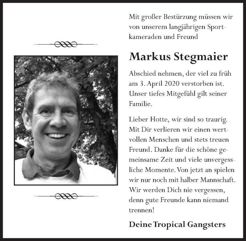  Traueranzeige für Markus Josef Stegmaier vom 09.04.2020 aus Süddeutsche Zeitung