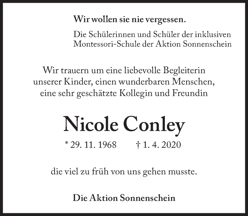  Traueranzeige für Nicole Conley vom 06.04.2020 aus Süddeutsche Zeitung