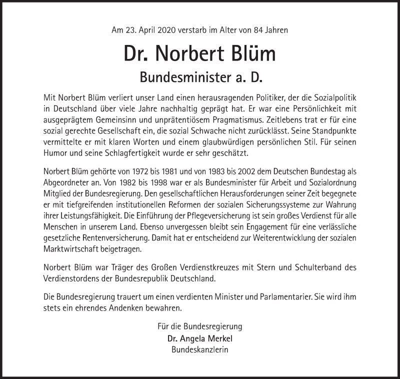  Traueranzeige für Norbert Blüm vom 29.04.2020 aus Süddeutsche Zeitung