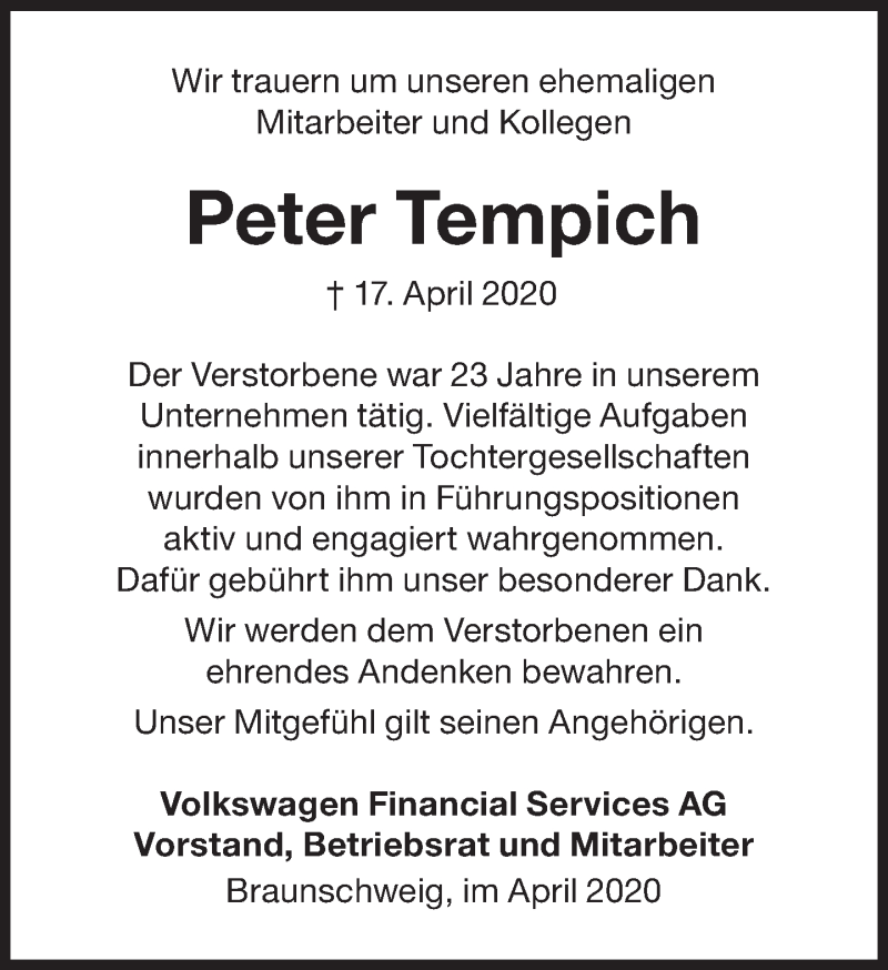  Traueranzeige für Peter Tempich vom 23.04.2020 aus Süddeutsche Zeitung