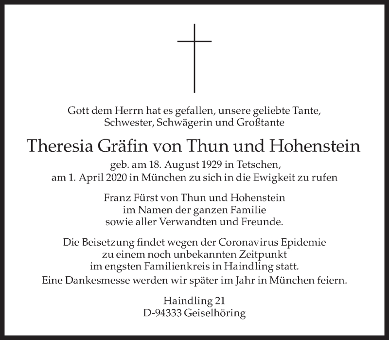 Traueranzeige Theresia Gräfin von Thun und Hohenstein